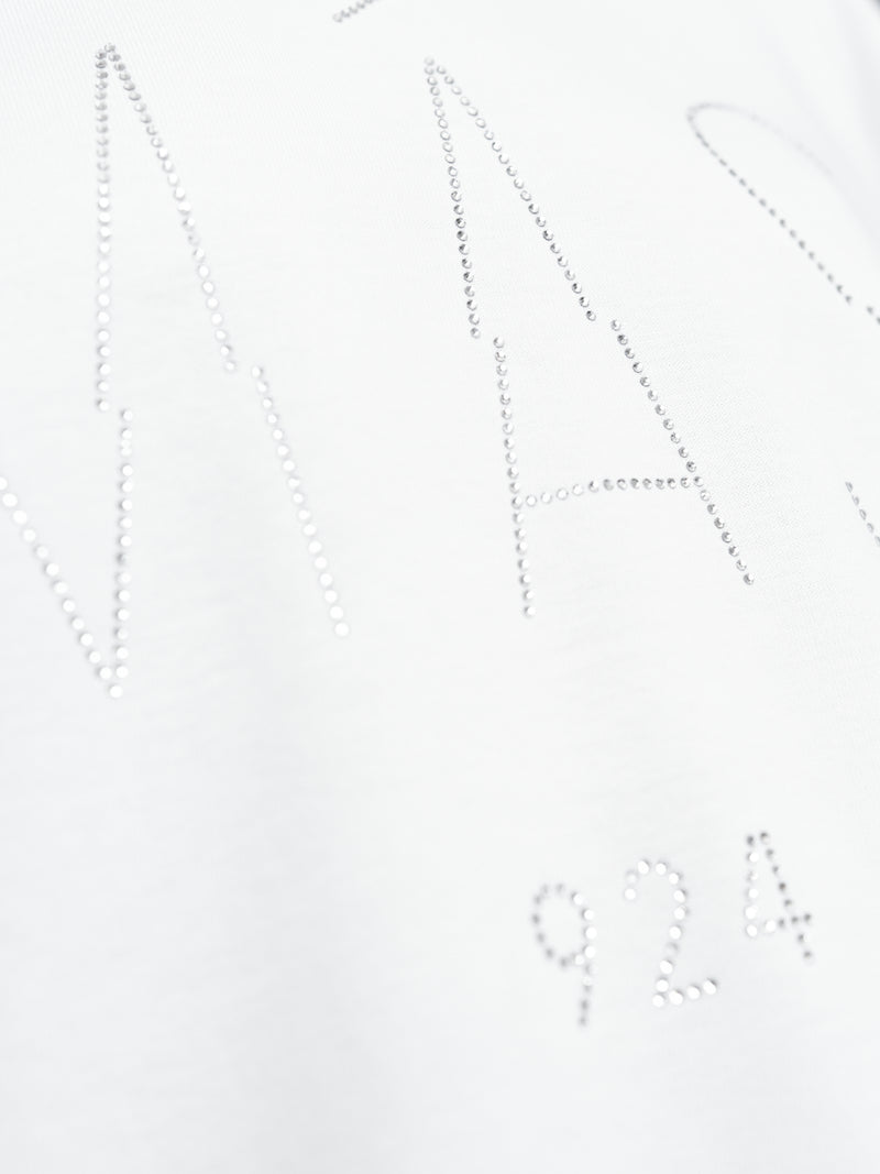 Balti marškinėliai su kristalais